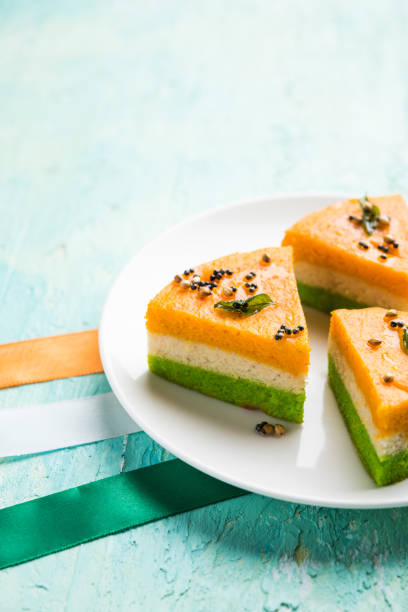 istock Tri-coloured / tiranga  khaman Dhokla for Independence/republic Day celebration using Indian Flag colours 1160792568