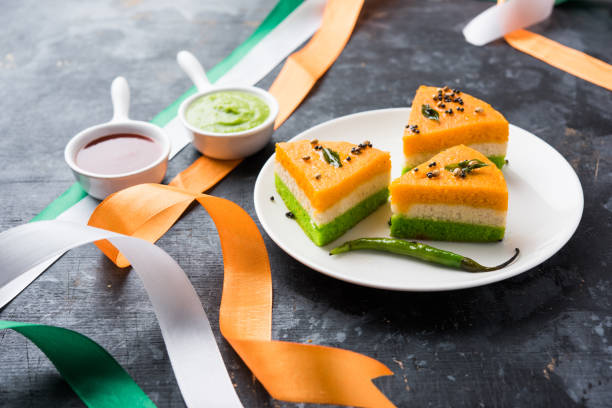 Tri-coloured / tiranga  khaman Dhokla for Independence/republic Day celebration using Indian Flag colours