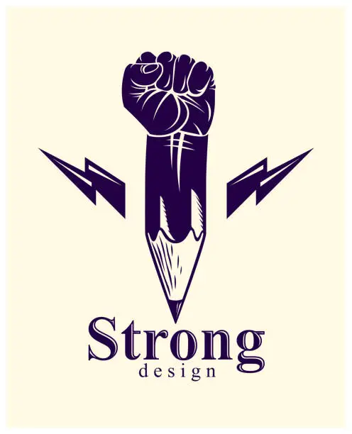 Vector illustration of Strong design or art power concept shown as a pencil with clenched fist combined into symbol, vector icon or creative conceptual icon for designer or studio, science research.