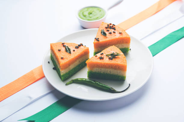 istock Tri-coloured / tiranga  khaman Dhokla for Independence/republic Day celebration using Indian Flag colours 1160793680