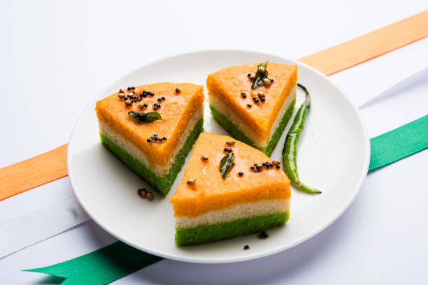 istock Tri-coloured / tiranga  khaman Dhokla for Independence/republic Day celebration using Indian Flag colours 1160793743