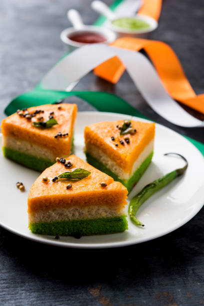 istock Tri-coloured / tiranga  khaman Dhokla for Independence/republic Day celebration using Indian Flag colours 1160794185