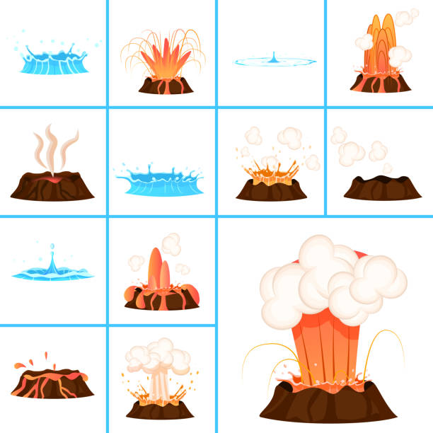 ilustraciones, imágenes clip art, dibujos animados e iconos de stock de ilustraciones de lava caliente y salpicaduras de agua clara - puddle condensation water drop