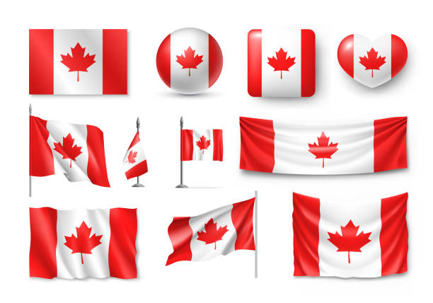 verschiedene kanada-flaggen isoliert auf weiß gesetzt - canadian flag stock-grafiken, -clipart, -cartoons und -symbole