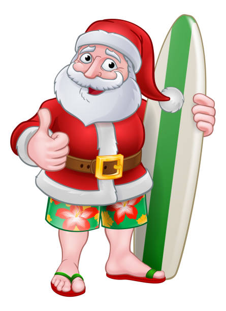 ilustrações, clipart, desenhos animados e ícones de desenhos animados do natal da ressaca de papai noel - beach sunlight surfboard santa claus