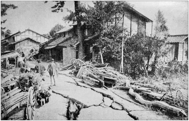 Antique black and white photo of travel around the World: Earthquake in Japan Antique black and white photo of travel around the World: Earthquake in Japan earthquake photos stock illustrations