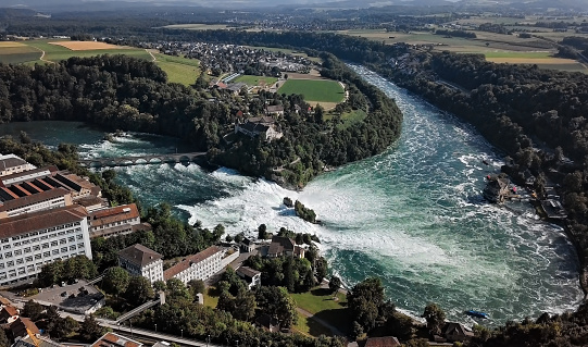Aerial panorama of Rhine Falls, the largest waterfall in Switzerland and Europe.