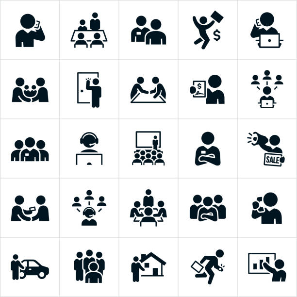Salesmen Icons A set of 25 salesman. The salesman are depicted in different sales related situations and include a salesman talking on the phone, presenting in a board meeting, selling face to face, working at the computer, making a deal with a handshake, a door to door salesman, a salesman holding a signed contract, a sales team, a salesman wearing a headset, presenting to a large group of people, standing with arms folded, using a bullhorn to spread a sales pitch, giving a business card to a potential client, a car salesman, a real estate agent and a salesman presenting a sales report to name just a few. man cross arms stock illustrations