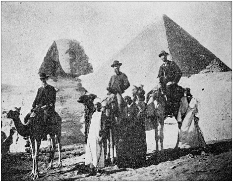 Antique black and white photo of travel around the World: Pyramids and Sphinx