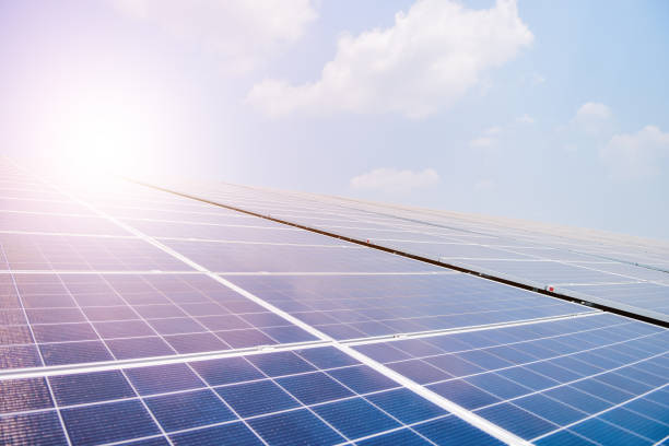 istock Solar cell in solar farm with green tree and sun lighting reflect, Alternative energy and sustainable energy, photovoltaic, Pure energy Concept. 1160801066