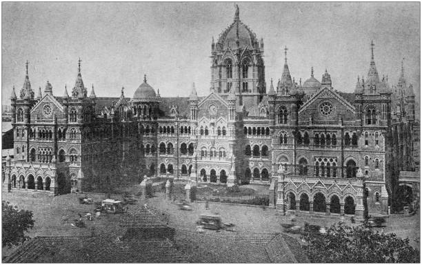 Antique black and white photo of travel around the World: Depot, Bombay Antique black and white photo of travel around the World: Depot, Bombay mumbai photos stock illustrations