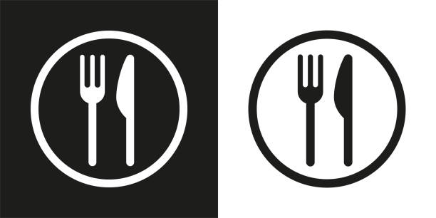 ilustrações, clipart, desenhos animados e ícones de sinal da corte de alimento. - eating utensil plate black background empty