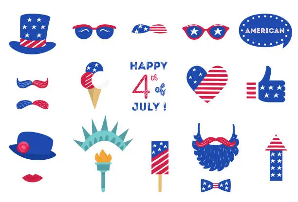 Vector illustration of USA Independence Day 4 th of July Photo Booth Party Props of American Symbols