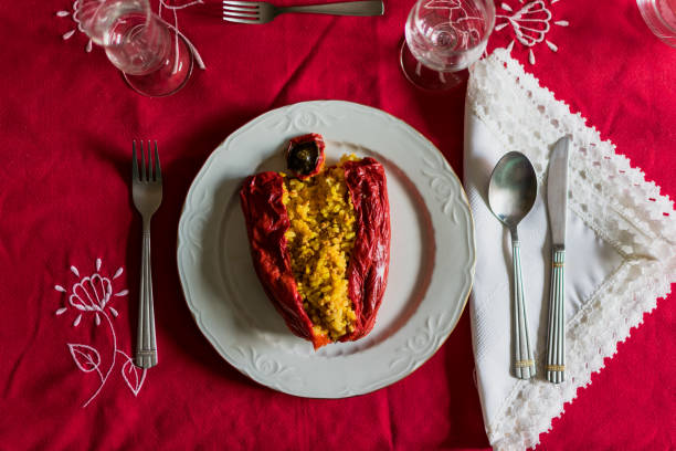 istock Red pepper stuffed with rice and meat in luxury cutlery 1160805918