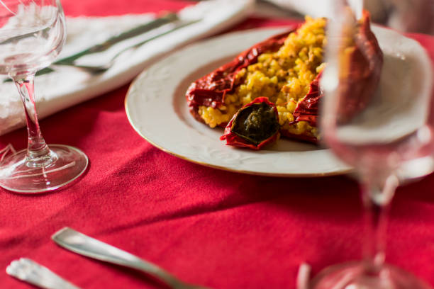istock Red pepper stuffed with rice and meat in luxury cutlery 1160805950