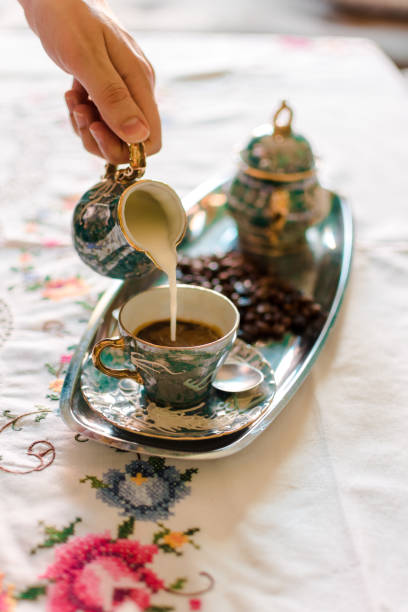 istock Antique porcelain coffee cups with hot coffee 1160806331