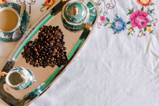 istock Antique porcelain coffee cups with hot coffee 1160806439