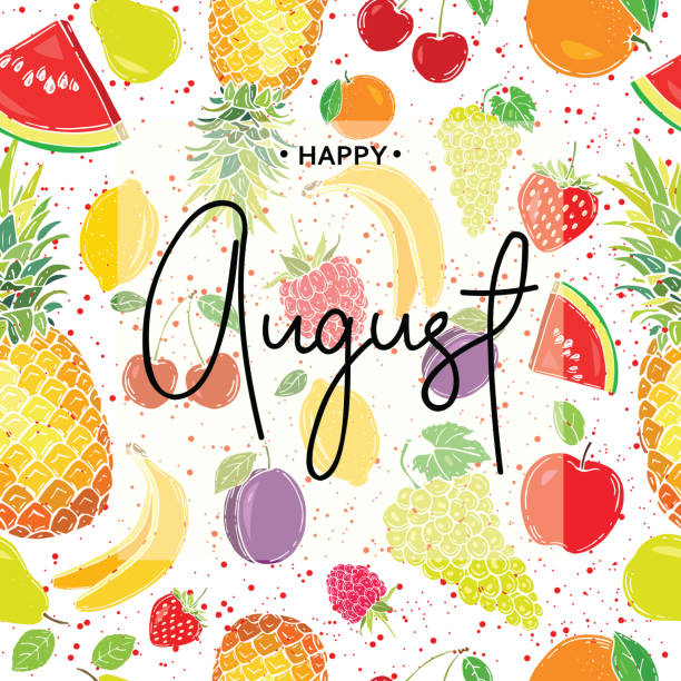 ilustraciones, imágenes clip art, dibujos animados e iconos de stock de inscripción de agosto feliz en el fondo de las frutas. ilustración vectorial. - bienvenido agosto