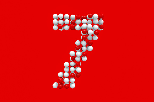 3d rendering of sphere shape numbers on red background.