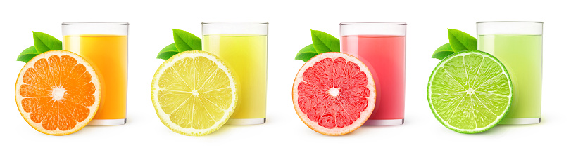 Isolated citrus fruit juices. Glasses of orange, lemon, lime and grapefruit drinks and one slice of fruit isolated on white background with clipping path