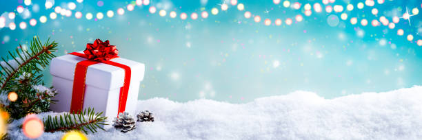 istock Gift-Box, Fir Branches And Pine cones, On Snow With Christmas Lights 1160816899