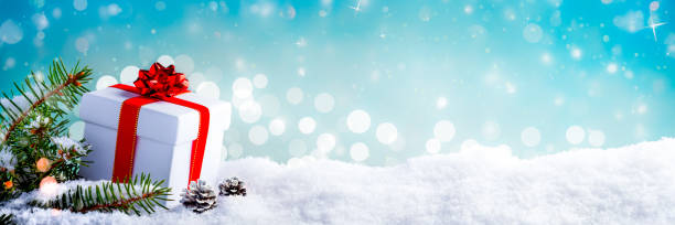 istock Gift-Box, Fir Branches And Pine cones, On Snow With Christmas Lights 1160817084