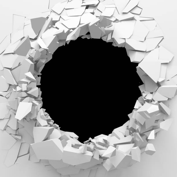 istock Dark destruction cracked hole in white stone wall 1160818200