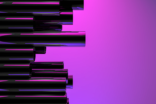 3d rendering of Stack of metal pipes, tubes with reflections and neon lights. Purple and pink colors.