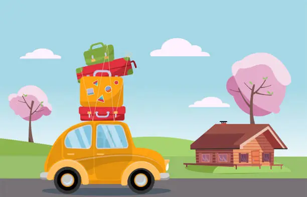 Vector illustration of Spring road trip on small retro yellow car with colorful suitcases on the roof. Spring landscape with blooming trees and a wooden house on the background. Flat cartoon vector illustration.