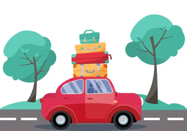 Vector illustration of Red car with baggage on the roof. Summer family traveling by car. Flat cartoon vector illustration. Car Side View With stack of suitcases on background of green trees. Many bags on the top of vehicle