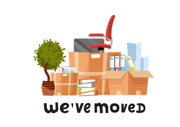 We've moved - hand drawn lettering quote.A lot of open cardboard boxes with office supplies - folders, documents, monitor, red chair on wheels, potted plant.Flat cartoon vector set on white background We've moved - hand drawn lettering quote.A lot of open cardboard boxes with office supplies - folders, documents, monitor, red chair on wheels, potted plant.Flat cartoon vector set on white background. carton illustrations stock illustrations