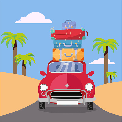 Treveling by red car with pile of luggage bags on roof near beach with palms. Summer tourism, travel, trip. Flat cartoon vector illustration. Car front View With stack Of suitcases.