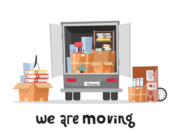 ilustrações de stock, clip art, desenhos animados e ícones de open trunk of the truck woth stack af office things in cardboard boxes.corporate moving.unloading or loading van. we are moving home concept with lettering qoute.vector flat cartoon style illustration - truck moving van white backgrounds