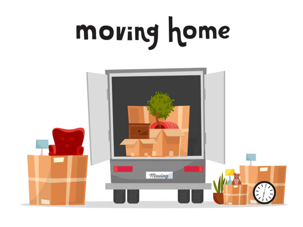 Moving Truck with Boxes. Back side of the loading truck. Cardboard boxes inside and outside the vehicle.Packed interior furniture and cat. lettering moving home qoute.Vector cartoon style illustration Moving Truck with Boxes. Back side of the loading truck. Cardboard boxes inside and outside the vehicle.Packed interior furniture and cat. lettering moving home qoute.Vector cartoon style illustration. moving van stock illustrations