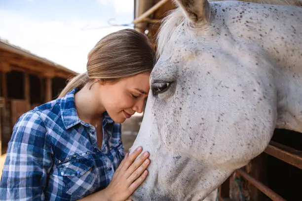 Beautiful cowgirl in plaid shirt enjoying her time spent with her horse at the stable.