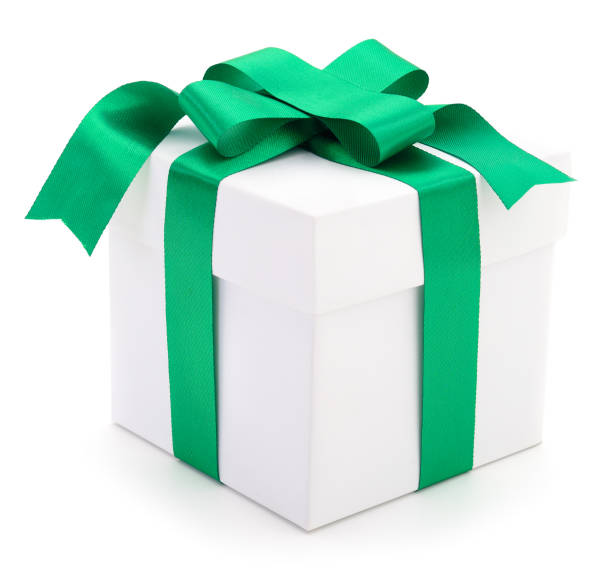 istock White gift box with green ribbon. 1160824963