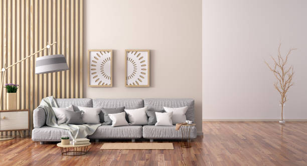 istock Interior design of modern living room with gray sofa, coffee table with books, 3d rendering 1160827950