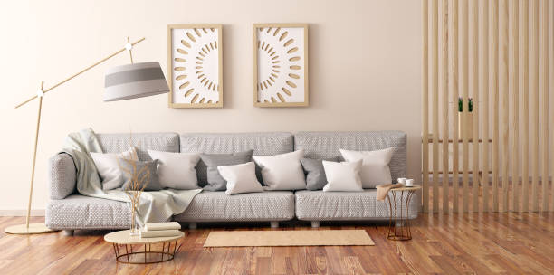 istock Interior design of modern living room with gray sofa, coffee table with books, 3d rendering 1160828082