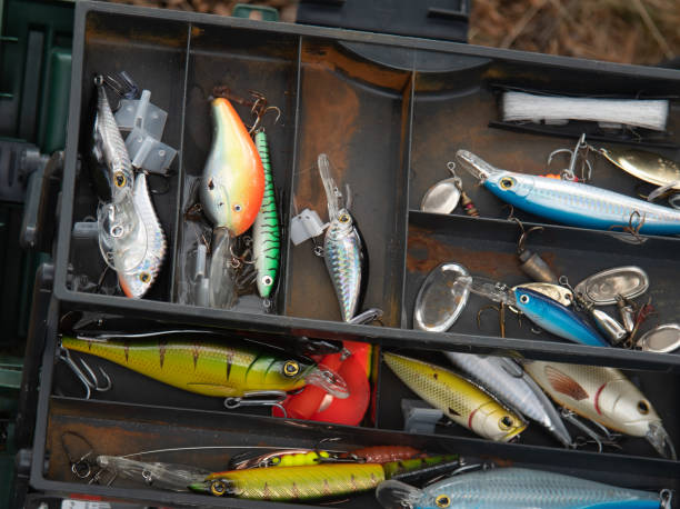 Various fishing lures in the old box. Various colorful fishing lures in an old tackle box. minnow fish photos stock pictures, royalty-free photos & images