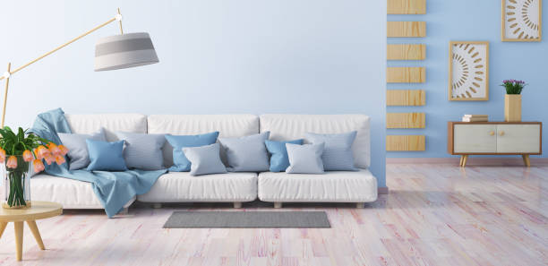 istock Interior design of modern living room with sofa, coffee table and cabinet, 3d rendering 1160828127