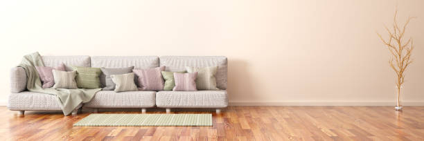 istock Interior design of modern living room with sofa and branch, 3d rendering 1160828685