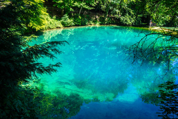 istock Germany, Blue glassy waters of source blue pot (blautopf) in blaubeuren, a natural monument inside green forest of swabian jura landscape near ulm 1160831284