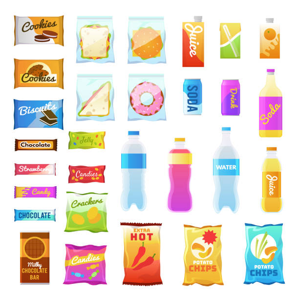 Vending products. Beverages and snack plastic package, fast food snack packs, biscuit sandwich. Drinks water juice flat vector icons Vending products. Beverages and snack plastic package, fast food snack packs, biscuit sandwich. Drinks water juice flat vector cracker chips and snacking junk bar icons packaging illustrations stock illustrations
