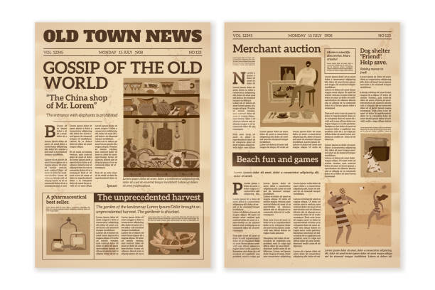 Retro newspaper. Daily news articles yellow newsprint old magazine. Media newspaper pages. Vintage paper journal vector background Retro newspaper. Daily news articles yellow newsprint old magazine. Media newspaper pages. Vintage paper journal vector background, illustration of press business styles wallpaper newspaper designs stock illustrations