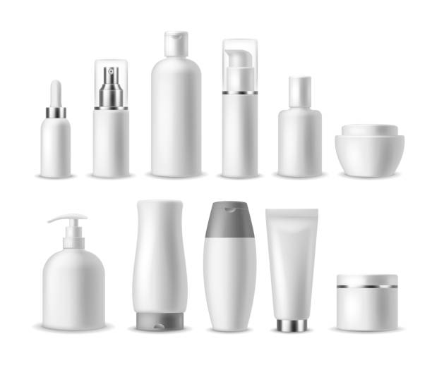 istock Realistic cosmetic package. White blank cosmetics bottles, containers. Beauty products. Spray, soap and cream, shampoo vector mockup 1160833643