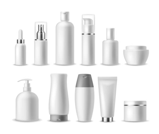 Realistic cosmetic package. White blank cosmetics bottles, containers. Beauty products. Spray, soap and cream, shampoo vector mockup Realistic cosmetic package. White blank cosmetics bottles, containers. Beauty products. Spray, soap and cream, shampoo vector blanc luxury packaging mockup makeup fashion stock illustrations