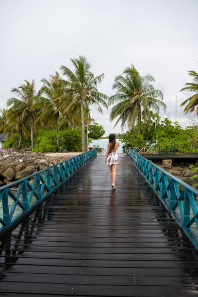 uma rapariga em um vestido que anda em uma ponte de madeira. a ilha está turva - wet dress rain clothing - fotografias e filmes do acervo