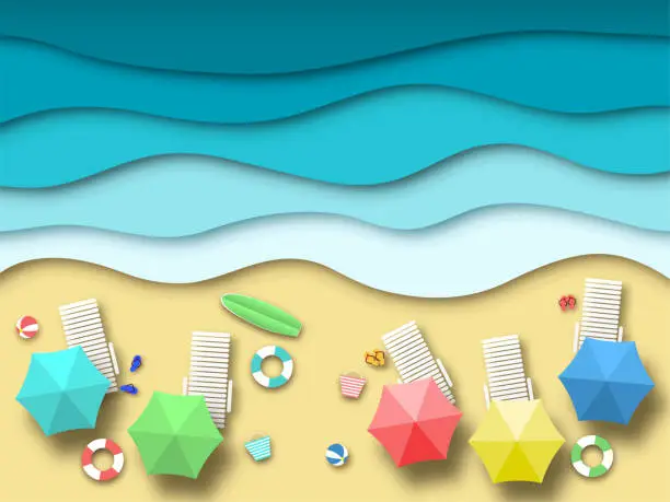 Vector illustration of Paper sea beach. Summer holiday landscape with sand, ocean and sun, summertime relaxation 3d origami. Paper art vector background