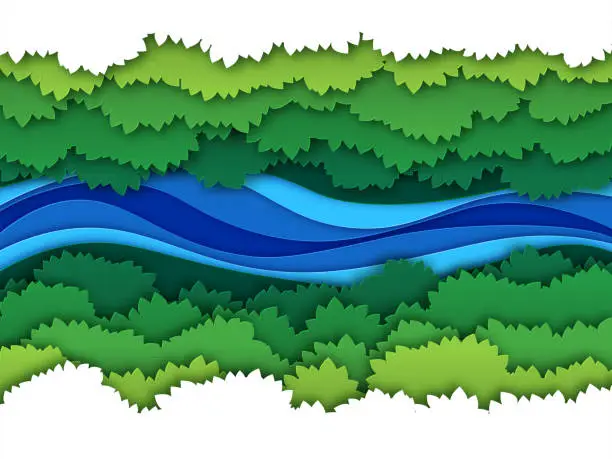 Vector illustration of Paper river. Top view water stream surrounded by jungle forest trees baldachin. Creative origami natural aerial vector landscape