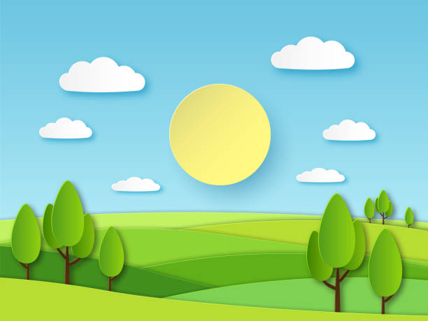 ilustraciones, imágenes clip art, dibujos animados e iconos de stock de paisaje veraniego de papel. campo verde panorámico con árboles y cielo azul con nubes blancas. concepto de vector de ecología de corte de papel en capas 3d - meadow summer backgrounds panoramic